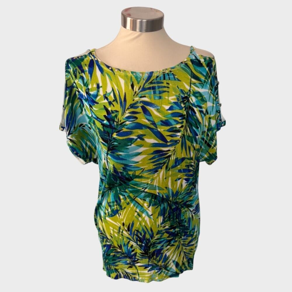 Cache Small Viscose Sweater Short Sleeve Green Tropical Lightweight Sweater